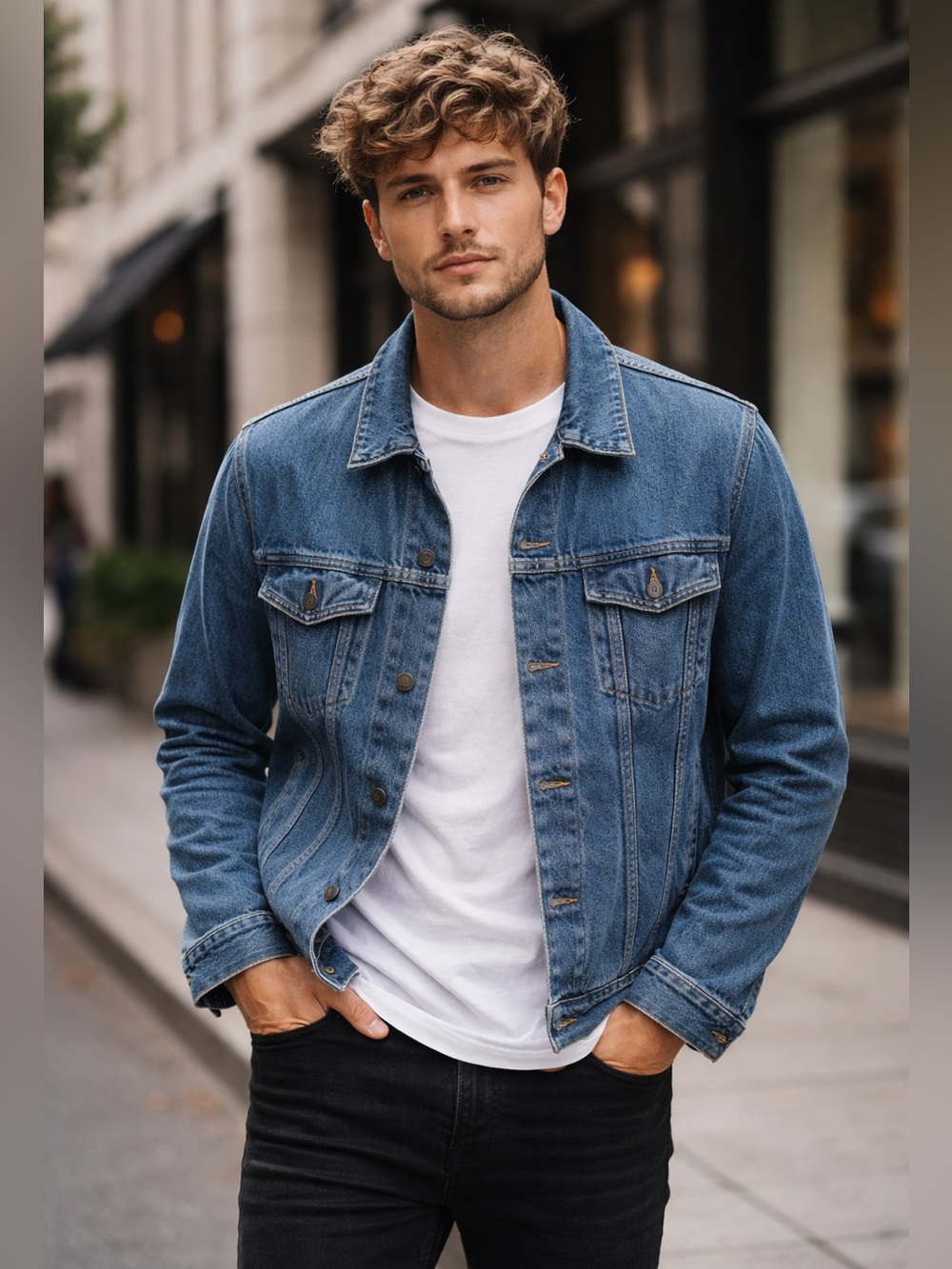 Classic Blue Denim Jckt w Button Front-Trucker jacket vibes,Masculine Virility